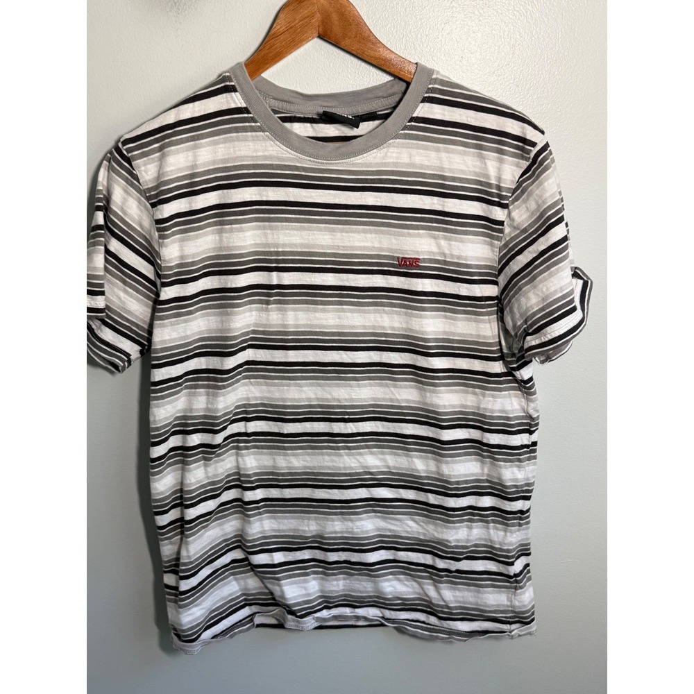 Vans Womens Grey Black White Striped Short Sleeve Crew Neck T-Shirt Size Medium